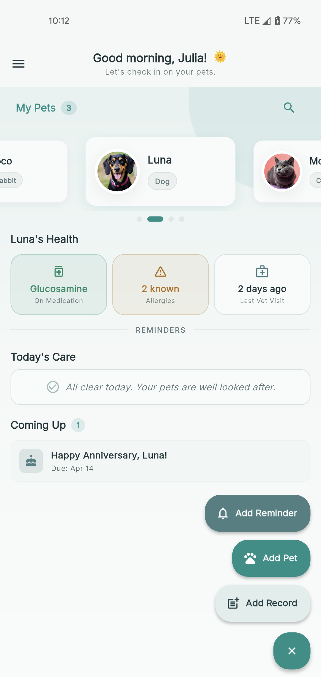Teranima app dashboard showing pet health tracking