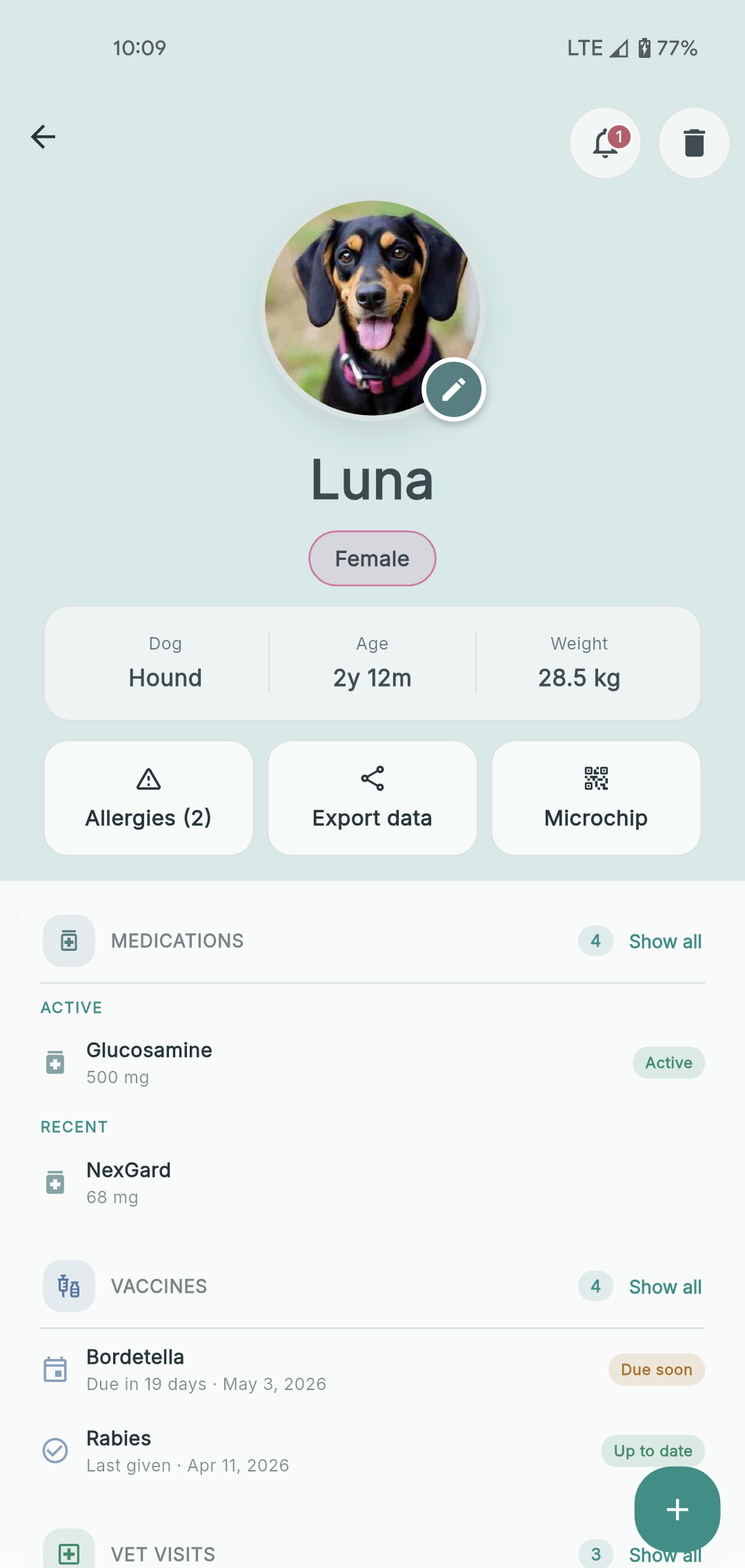 Teranima pet detail screen showing a pet profile and care records